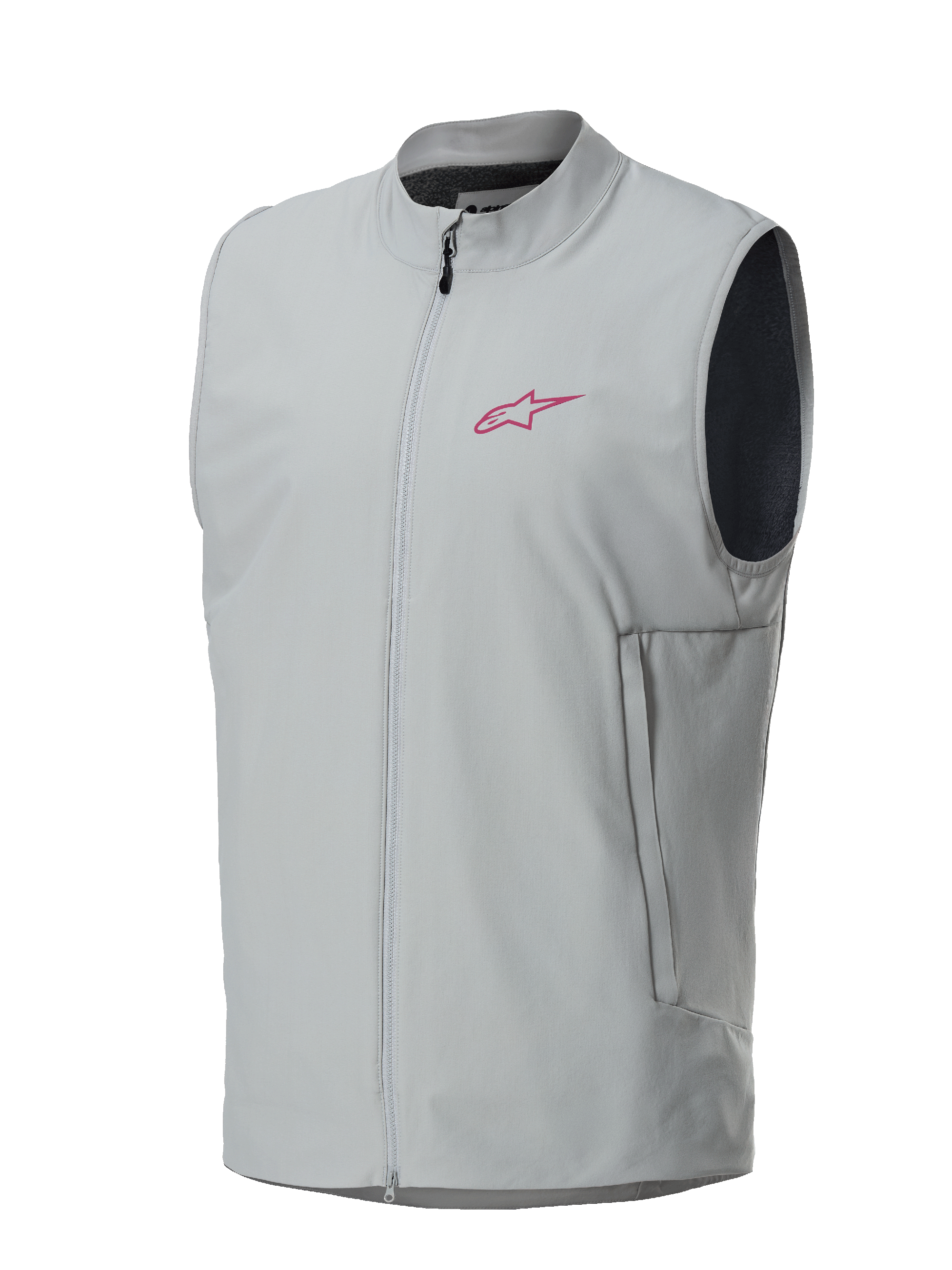 Gilet thermique Alpinestars A-Dura, gris titanium, logo étoile Alpinestars magenta sur la poitrine, fermeture éclair intégrale avec poches latérales verticales, gilet isolant léger pour le VTT et le trail