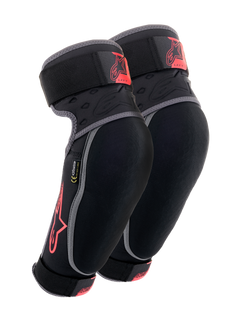 Alpinestars Vector Elbow Protectors, Black Anthracite and Red, MTB Protection Gear, pair of guards with gray piping, red star logo and Vector branding, adjustable straps, and ergonomic compression fit