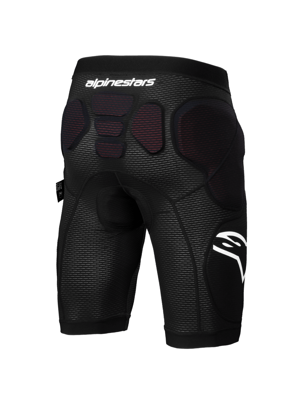 Alpinestars A-Impact Plasma Protection Shorts, short de protection pour VTT, noir et blanc, vue arrière montrant le rembourrage de protection intégré sur les hanches et le bas de la colonne vertébrale, tissu en maille respirante avec logos Alpinestars blancs, conçu pour l'enduro et le gravity.