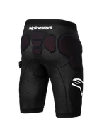 Alpinestars A-Impact Plasma Protection Shorts, short de protection pour VTT, noir et blanc, vue arrière montrant le rembourrage de protection intégré sur les hanches et le bas de la colonne vertébrale, tissu en maille respirante avec logos Alpinestars blancs, conçu pour l'enduro et le gravity.