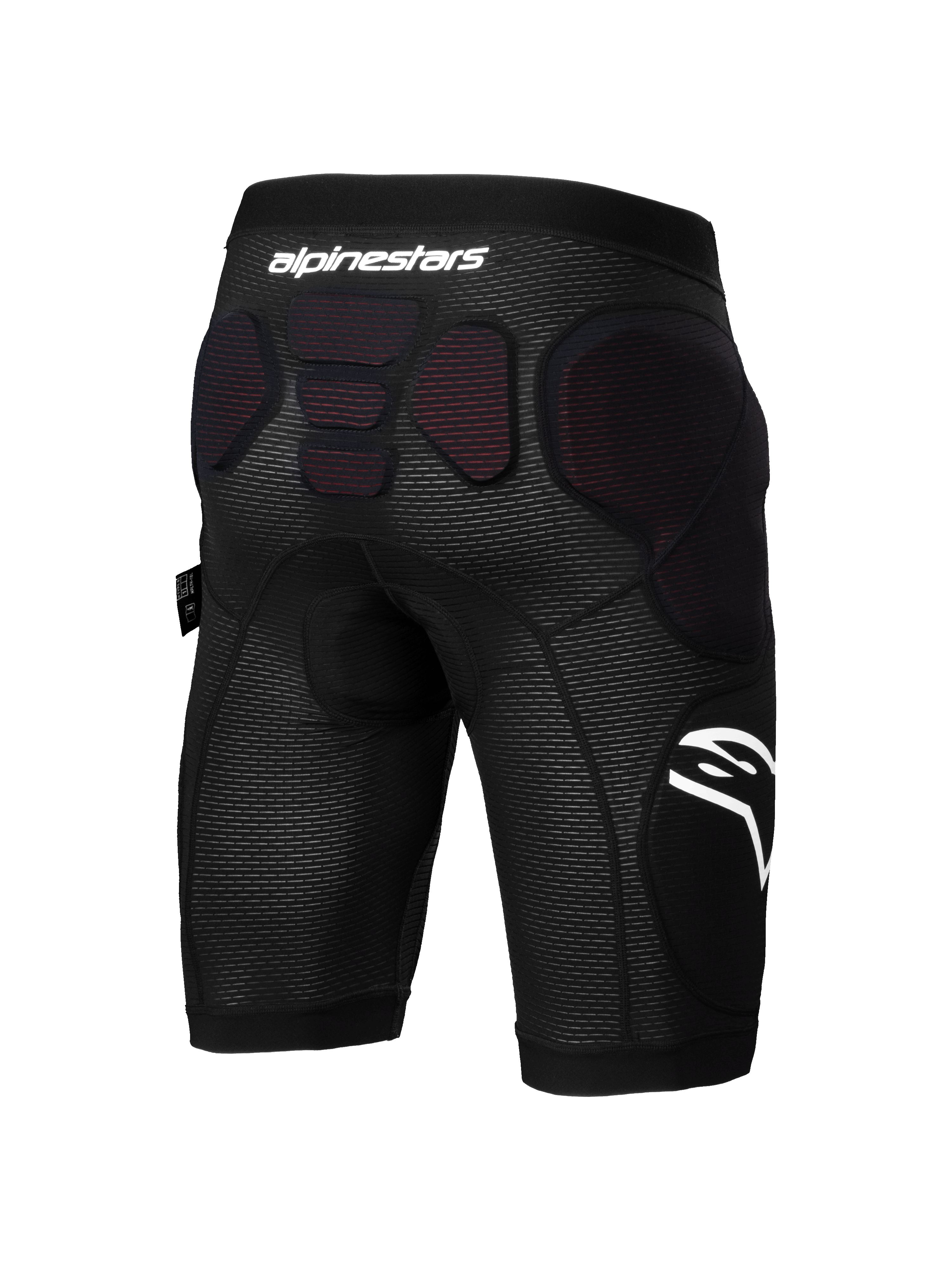 Alpinestars A-Impact Plasma Protection Shorts, short de protection pour VTT, noir et blanc, vue arrière montrant le rembourrage de protection intégré sur les hanches et le bas de la colonne vertébrale, tissu en maille respirante avec logos Alpinestars blancs, conçu pour l'enduro et le gravity.