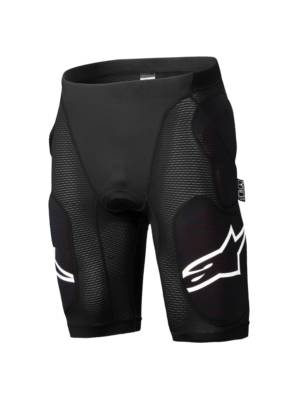 Short de protection Alpinestars A-Impact Plasma, short de protection pour VTT, noir, rembourrage d'impact intégré aux hanches et aux cuisses, panneaux côtelés texturés, accents de logo blancs, matériau extensible respirant et ajusté