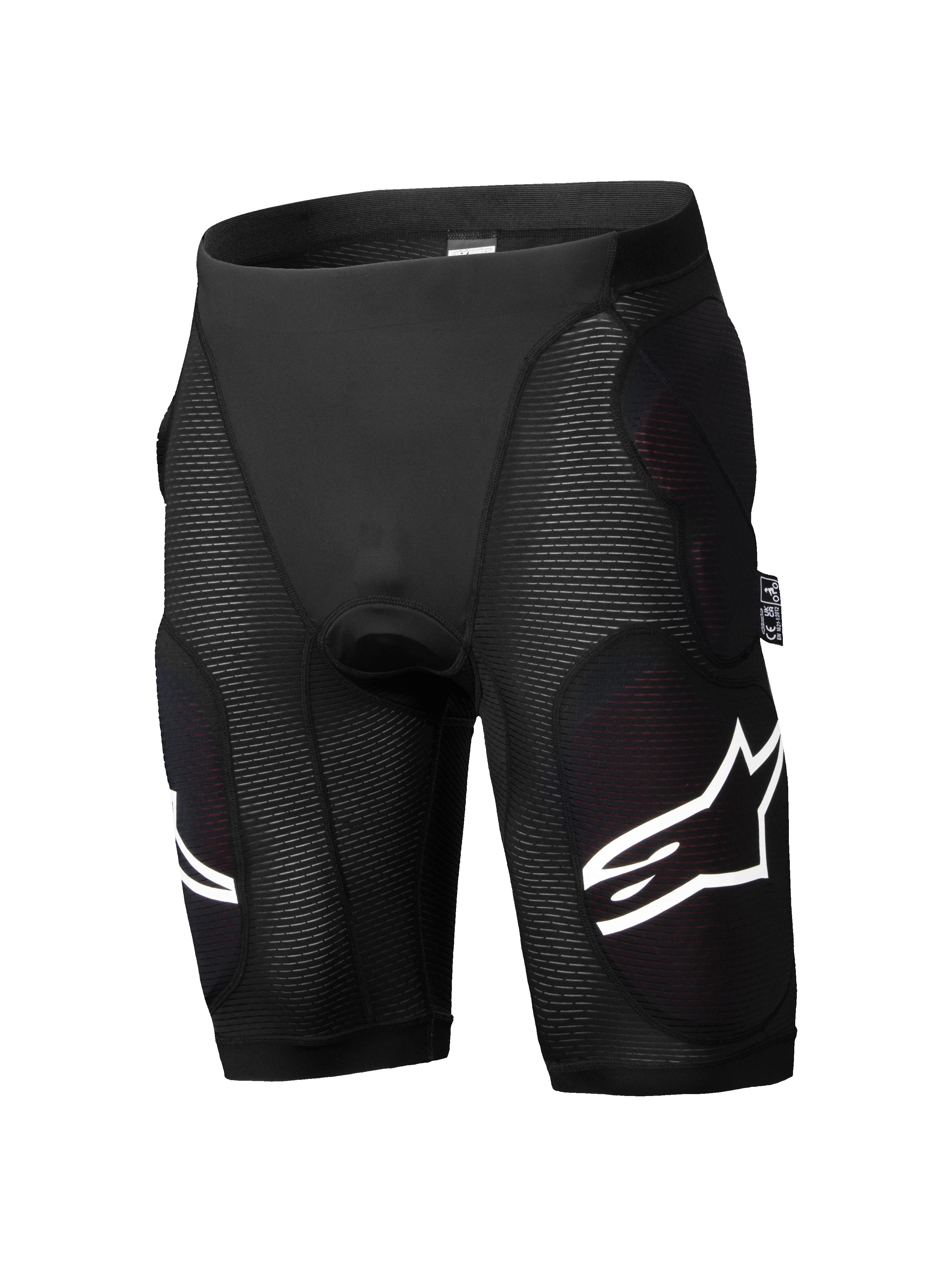 Alpinestars A-Impact Plasma Protektorenshorts, Mountainbike-Schutzshorts, Schwarz, integrierte Hüft- und Oberschenkel-Aufprallpolsterung, strukturierte Rippeinsätze, weiße Logo-Akzente, eng anliegendes atmungsaktives Stretchmaterial