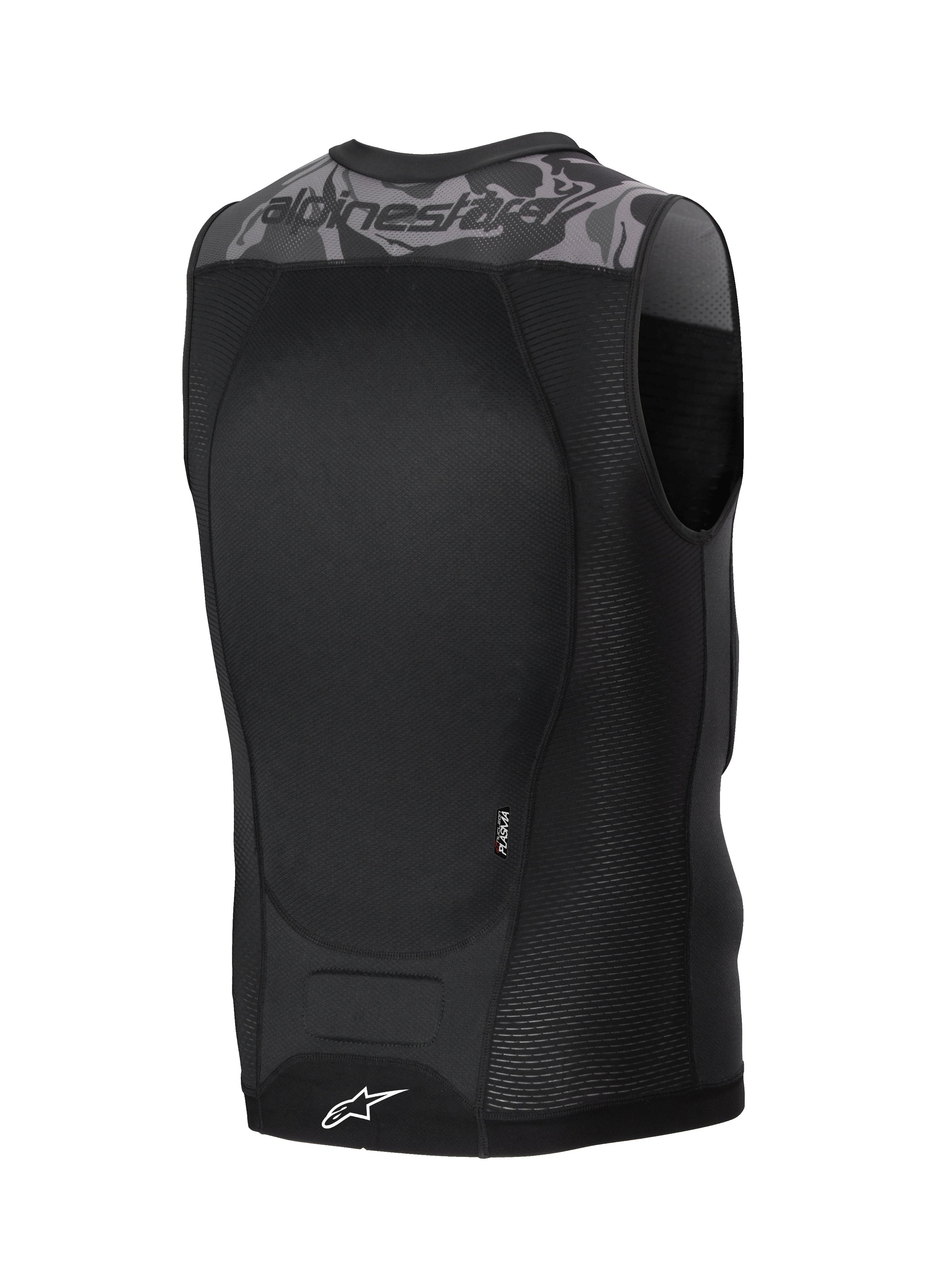 Alpinestars A-Motion Plasma beschermvest, MTB- en off-road beschermvest, zwart en grijs camo, met Nucleon Plasma rugbeschermer en ademende mesh-constructie, achteraanzicht