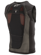 Alpinestars Paragon Plus Protection Vest, zwart, achteraanzicht met lichtgewicht stretch mesh constructie, wit Astar logo, icoon voor compatibiliteit met waterzak en geïntegreerde CE Niveau 1 rugbeschermer.