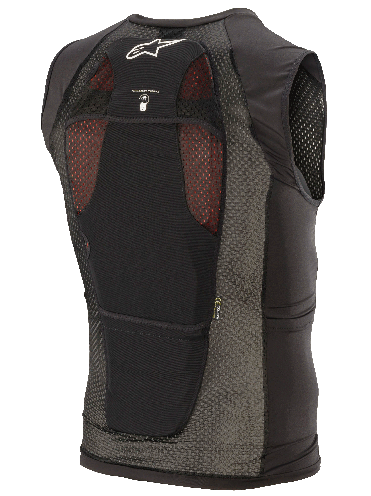 Alpinestars Paragon Plus Protection Vest, zwart, achteraanzicht met lichtgewicht stretch mesh constructie, wit Astar logo, icoon voor compatibiliteit met waterzak en geïntegreerde CE Niveau 1 rugbeschermer.