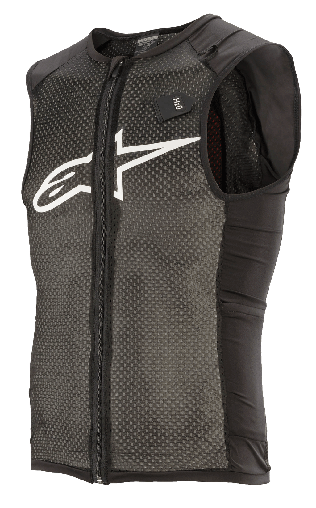 Alpinestars Paragon Plus Protection Vest, lichtgewicht MTB-beschermvest, mouwloos ontwerp met volledige ritssluiting, gestructureerd stretch-mesh, zwarte zijpanelen, wit logo op de borst en H2O-label