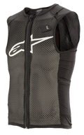 Alpinestars Paragon Plus Protection Vest, lichtgewicht MTB-beschermvest, mouwloos ontwerp met volledige ritssluiting, gestructureerd stretch-mesh, zwarte zijpanelen, wit logo op de borst en H2O-label