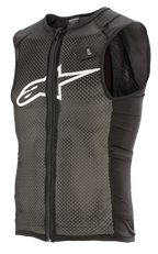 Alpinestars Paragon Plus Protection Vest, lichtgewicht MTB-beschermvest, mouwloos ontwerp met volledige ritssluiting, gestructureerd stretch-mesh, zwarte zijpanelen, wit logo op de borst en H2O-label