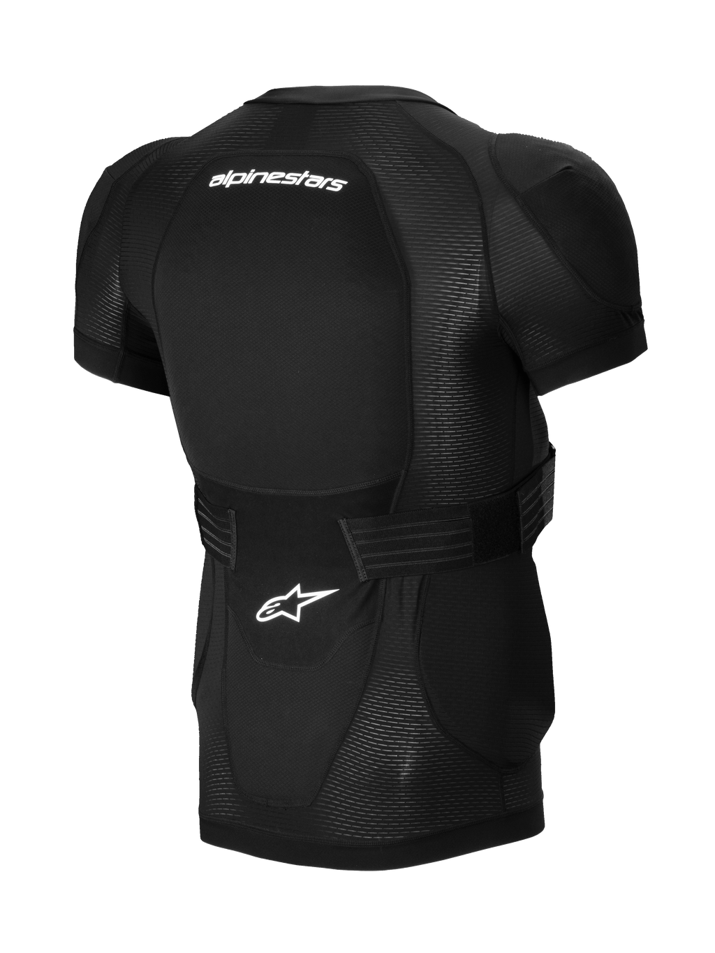 Alpinestars A-Impact Plasma Protection Jacket - korte mouwen, zwart, achteraanzicht met geïntegreerde rugbeschermer, witte Alpinestars-branding, verstelbare tailleband en ademende mesh-constructie voor MTB-bescherming