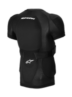 Alpinestars A-Impact Plasma Protection Jacket - korte mouwen, zwart, achteraanzicht met geïntegreerde rugbeschermer, witte Alpinestars-branding, verstelbare tailleband en ademende mesh-constructie voor MTB-bescherming