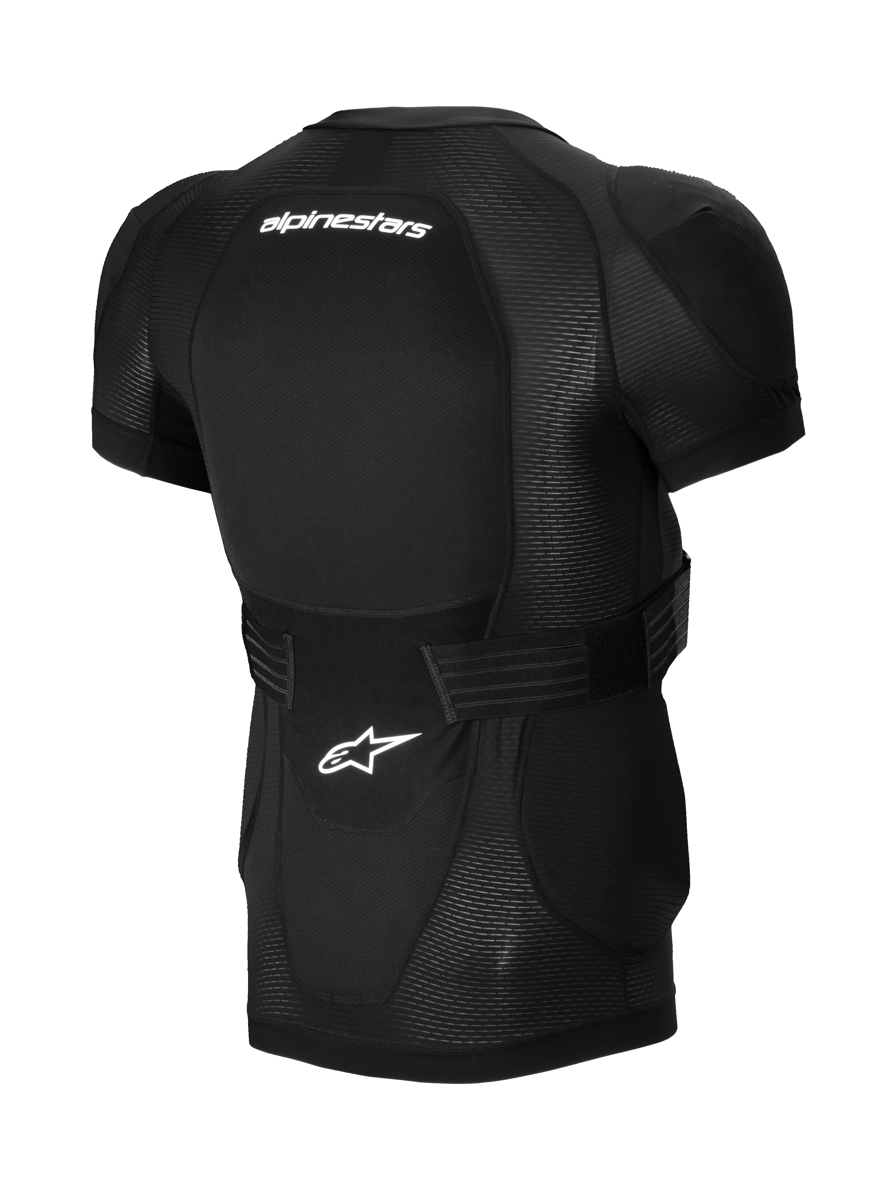 Alpinestars A-Impact Plasma Protection Jacket - korte mouwen, zwart, achteraanzicht met geïntegreerde rugbeschermer, witte Alpinestars-branding, verstelbare tailleband en ademende mesh-constructie voor MTB-bescherming