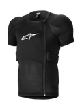 Alpinestars A-Impact Plasma Protection Jacket met korte mouwen, MTB-beschermingsjack, zwart, voorzien van gewatteerde schouders en borstpantser, asymmetrische zijrits, ademend geribd mesh-materiaal en wit logo op de borst
