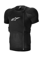 Alpinestars A-Impact Plasma Protection Jacket met korte mouwen, MTB-beschermingsjack, zwart, voorzien van gewatteerde schouders en borstpantser, asymmetrische zijrits, ademend geribd mesh-materiaal en wit logo op de borst