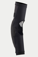 Alpinestars Paragon Pro Elbow Protector, Black, side view showing breathable stretch mesh construction and a large ventilation window at the back, ergonomic slip-on design with elasticated cuffs for mountain biking protection.