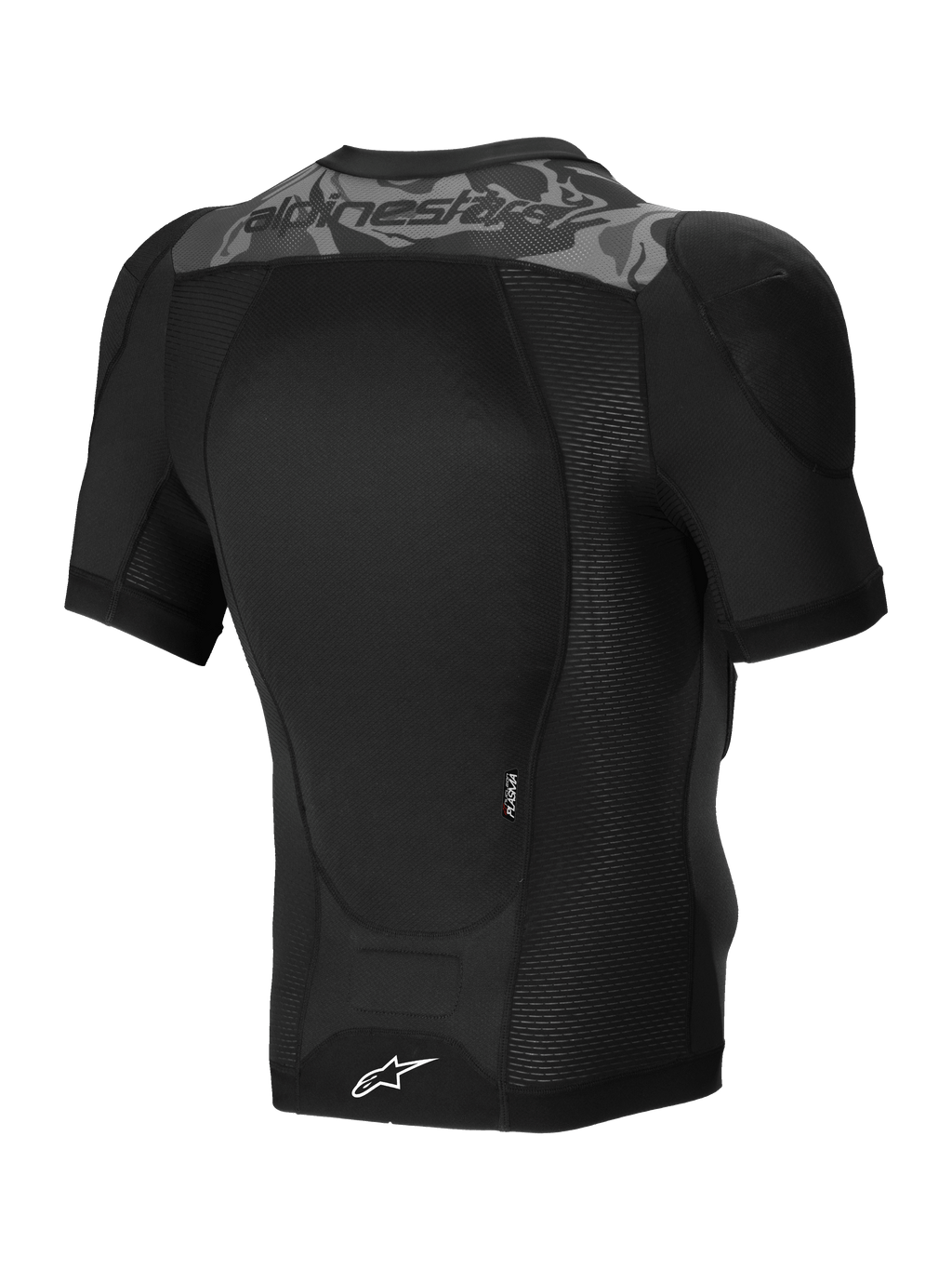 Alpinestars A-Motion Plasma Beschermjas met korte mouwen, MTB-beschermjas in zwart en camo, achteraanzicht met CE-gecertificeerde Nucleon PLASMA-rugbeschermer en stretch mesh-constructie