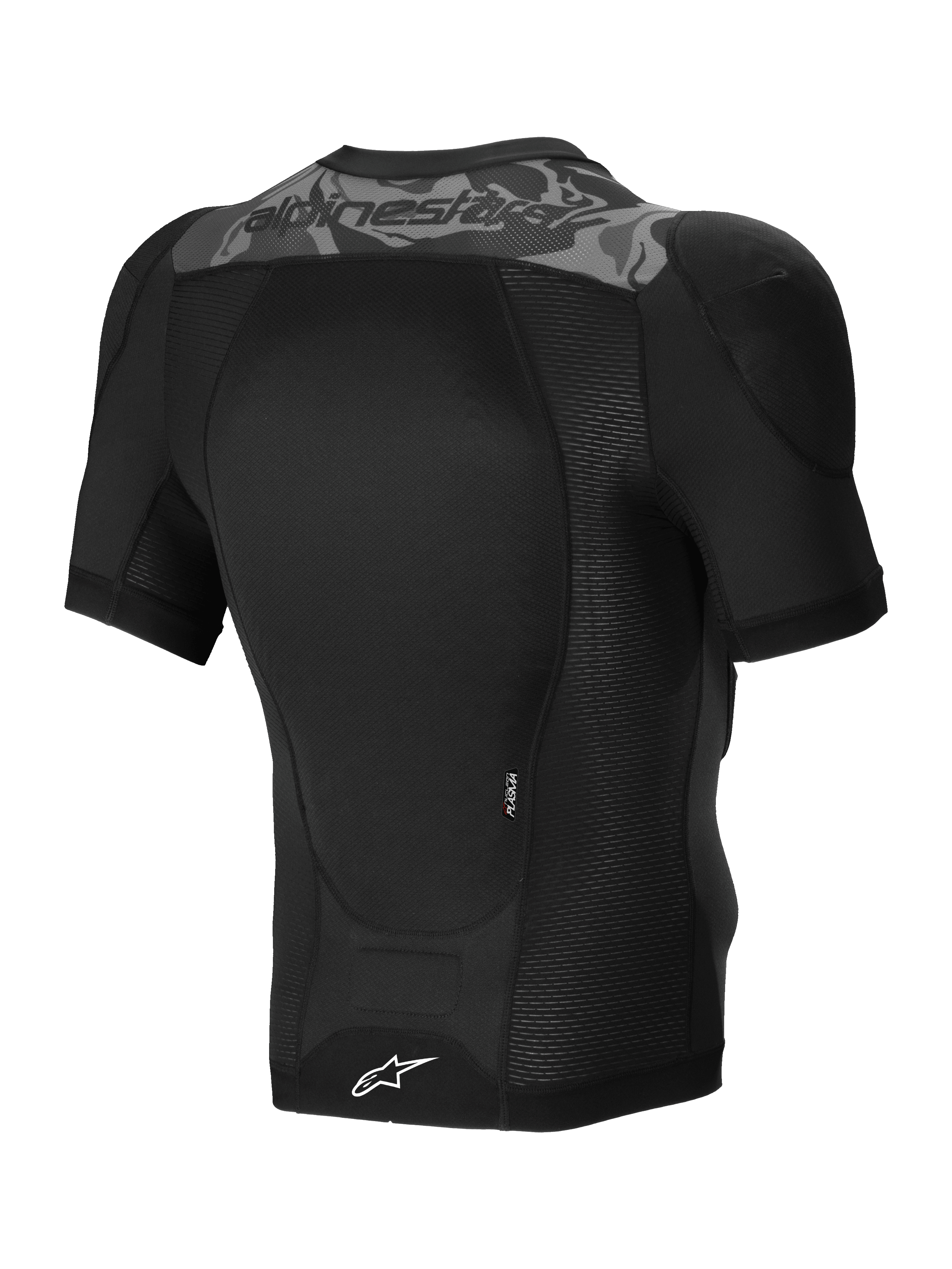 Alpinestars A-Motion Plasma Beschermjas met korte mouwen, MTB-beschermjas in zwart en camo, achteraanzicht met CE-gecertificeerde Nucleon PLASMA-rugbeschermer en stretch mesh-constructie
