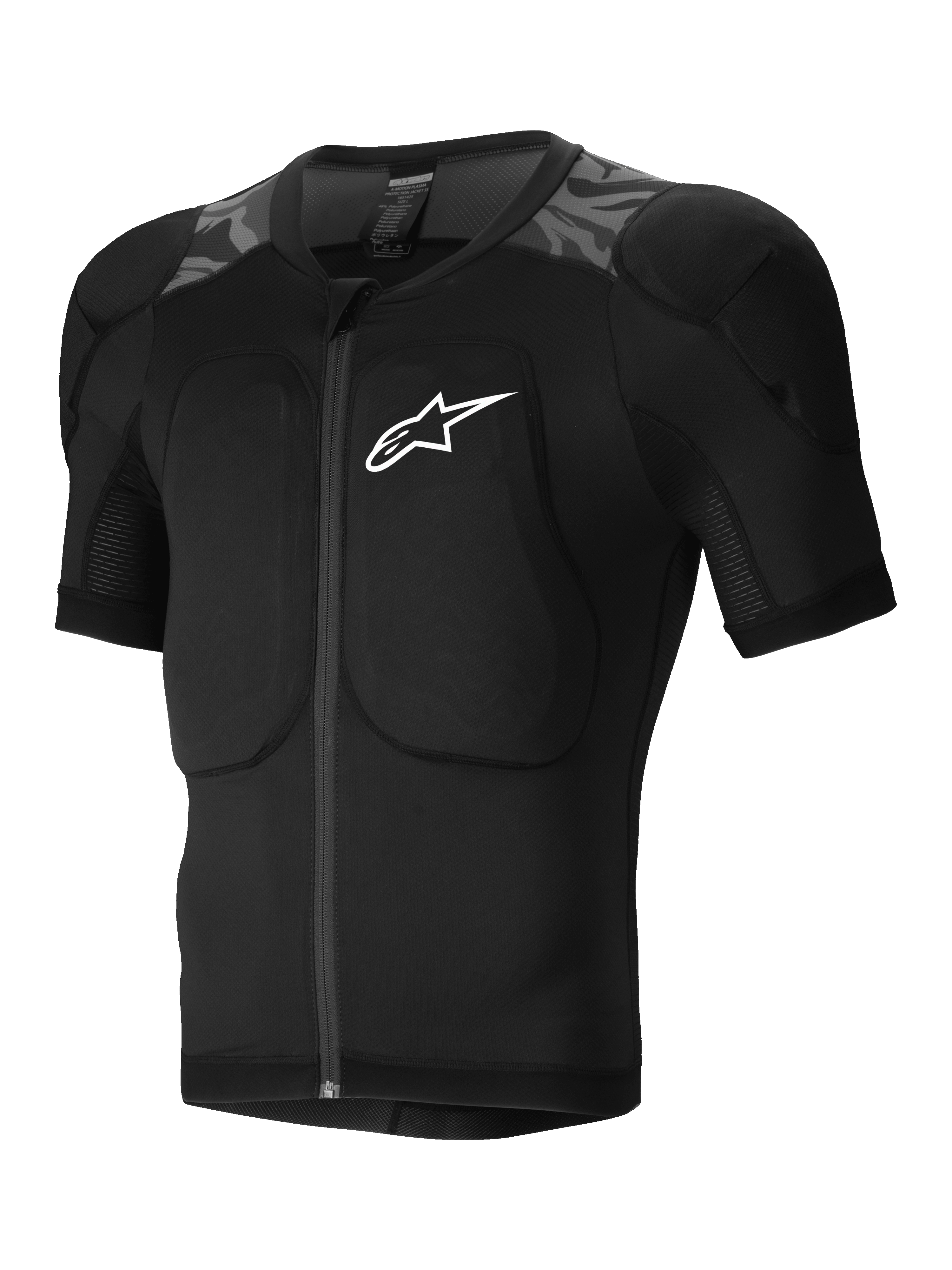 Alpinestars A-Motion Plasma Beschermjas, short-sleeve MTB mountain biking beschermingsjas, zwart en camouflage, CE-gecertificeerde Nucleon Plasma schouder- en rugbeschermers, stretch mesh-constructie
