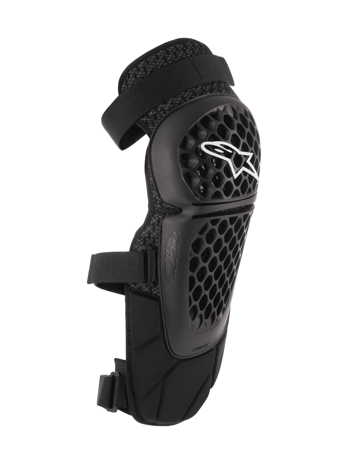 Protections genoux et tibias Alpinestars Bionic Plus, noires, protection tout-terrain et VTT, coque alvéolée perforée avec logo Alpinestars blanc, doubles sangles réglables, ventilation en mesh 3D, design ergonomique incurvé
