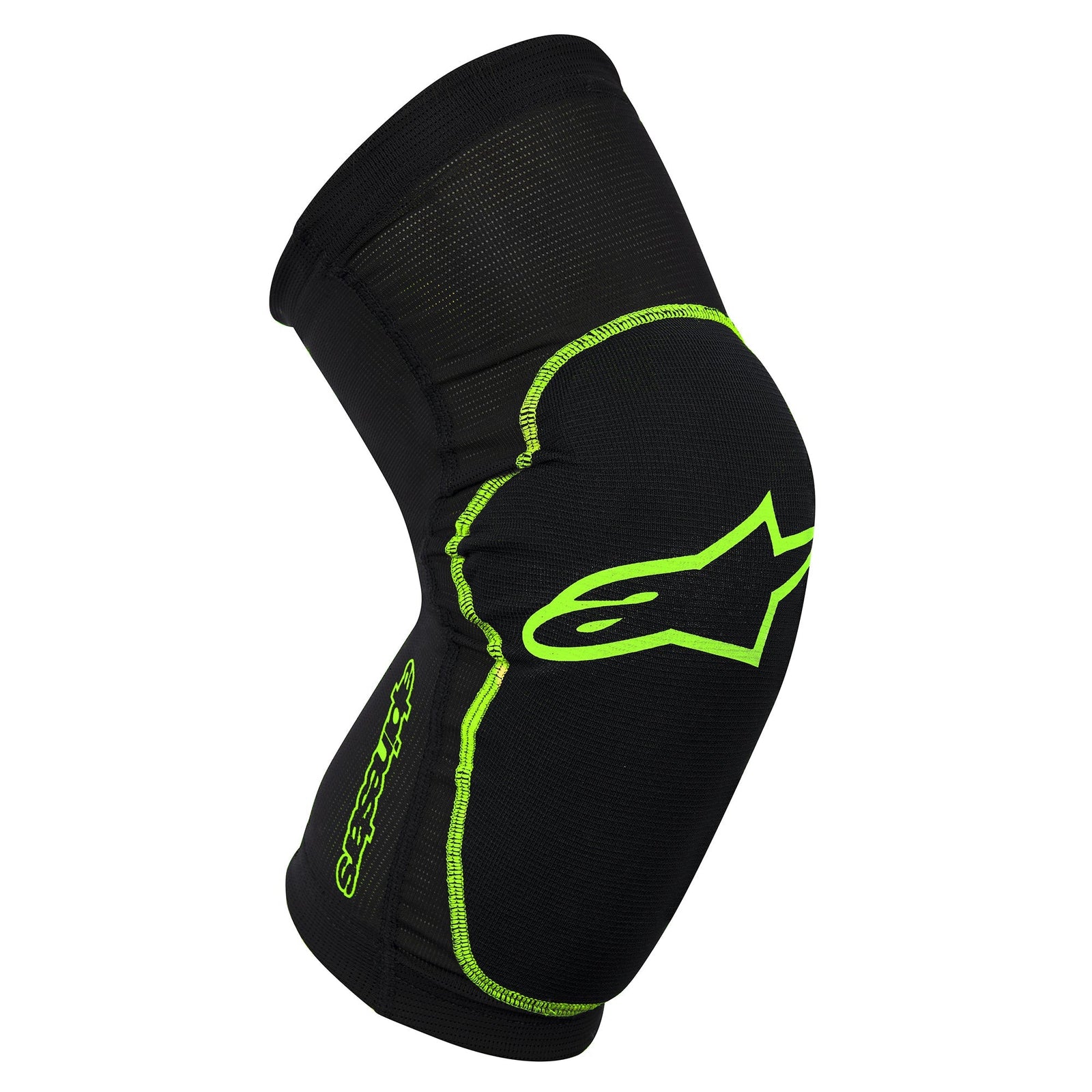 Alpinestars Paragon Knee Guard, genouillère de protection pour VTT, noire avec contours vert fluo, matière extensible texturée, design ergonomique pour ajustement optimal du genou