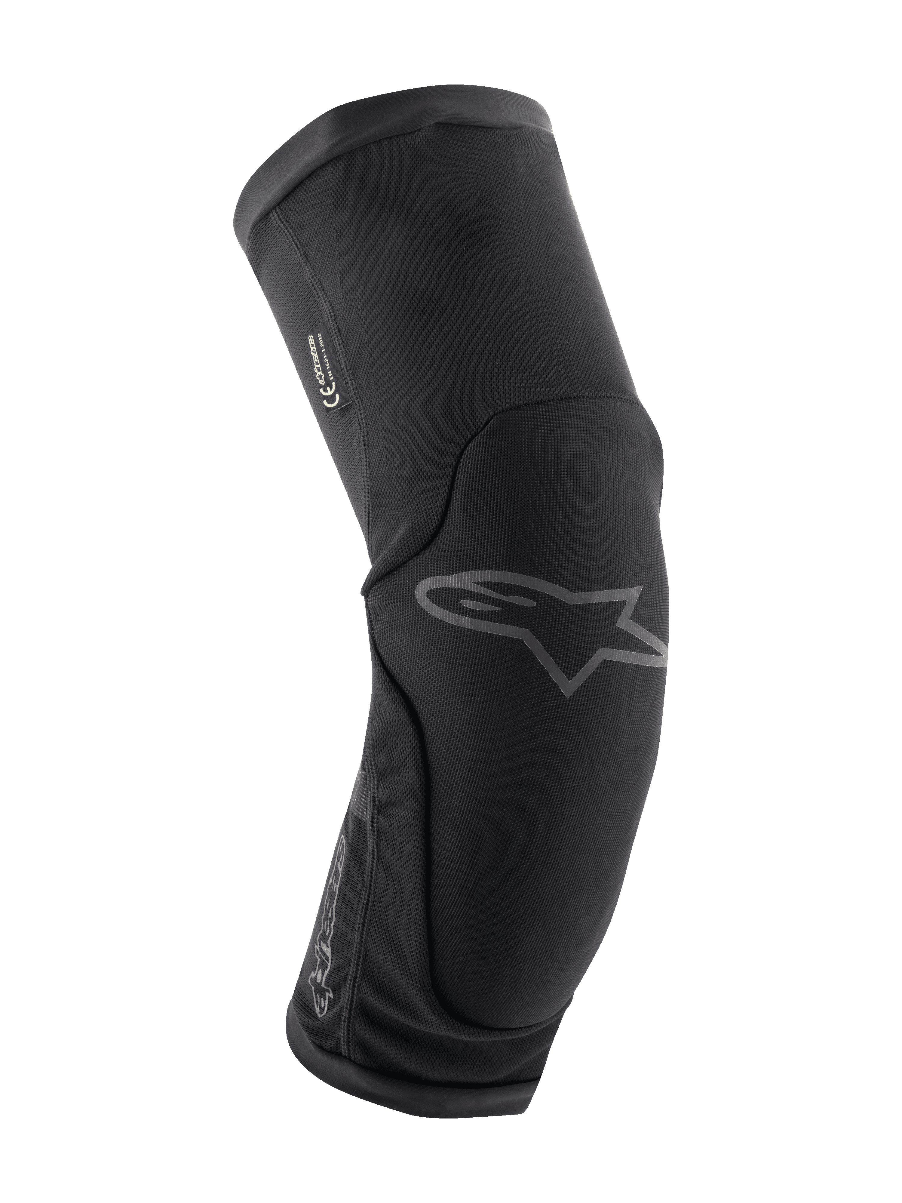 Alpinestars Paragon Plus kniebeschermers, mountainbike kniebescherming, zwart, ergonomisch gebogen ontwerp met ademend stretch mesh, slip-on model, subtiel grijs Astar-logo op de voorkant