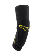 Alpinestars Paragon Plus kniebeschermers, zwart met acid-gele logo's, mountainbike bescherming, instaphoes met geïntegreerde padding, ademende mesh en duurzame textielstof