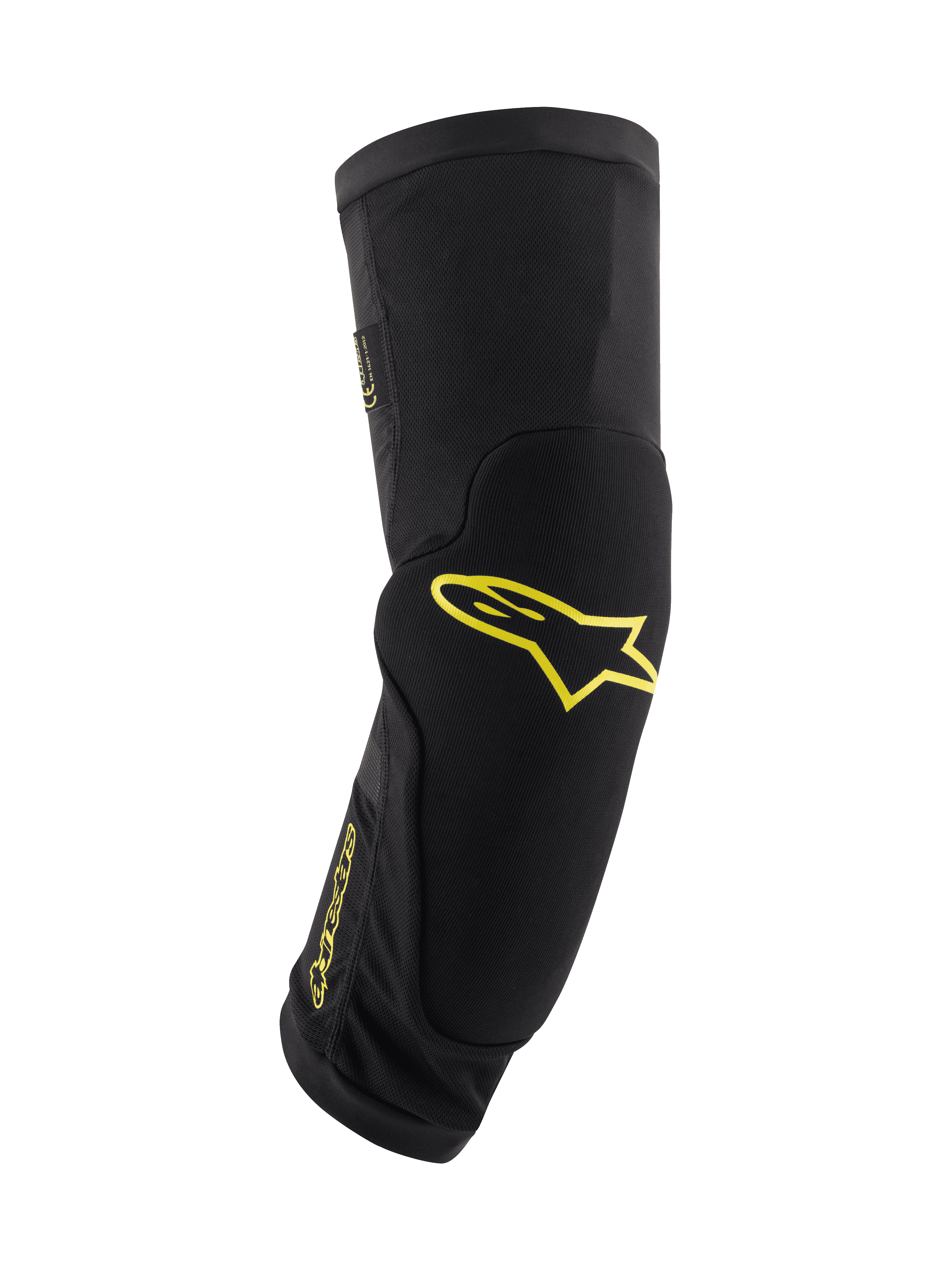 Alpinestars Paragon Plus kniebeschermers, zwart met acid-gele logo's, mountainbike bescherming, instaphoes met geïntegreerde padding, ademende mesh en duurzame textielstof