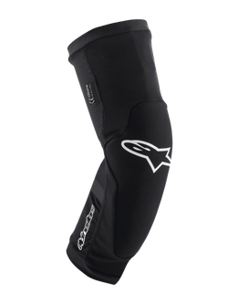 Alpinestars Paragon Plus Knieschützer, Schwarz und Weiß, MTB-Mountainbike-Schutz, atmungsaktive Slip-on-Mesh-Manschette, ergonomisch geformtes Design mit weißem Stern-Logo, gepolsterte Konstruktion für Offroad-Fahrten