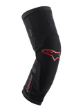 Alpinestars Paragon Plus kniebeschermer, zwart met rood Alpinestars-logo en woordmerk, ergonomisch instapontwerp, ademende mesh-stof met versterkte panelen, mountainbike beschermende uitrusting