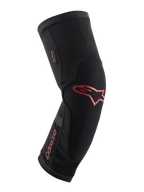 Alpinestars Paragon Plus kniebeschermer, zwart met rood Alpinestars-logo en woordmerk, ergonomisch instapontwerp, ademende mesh-stof met versterkte panelen, mountainbike beschermende uitrusting