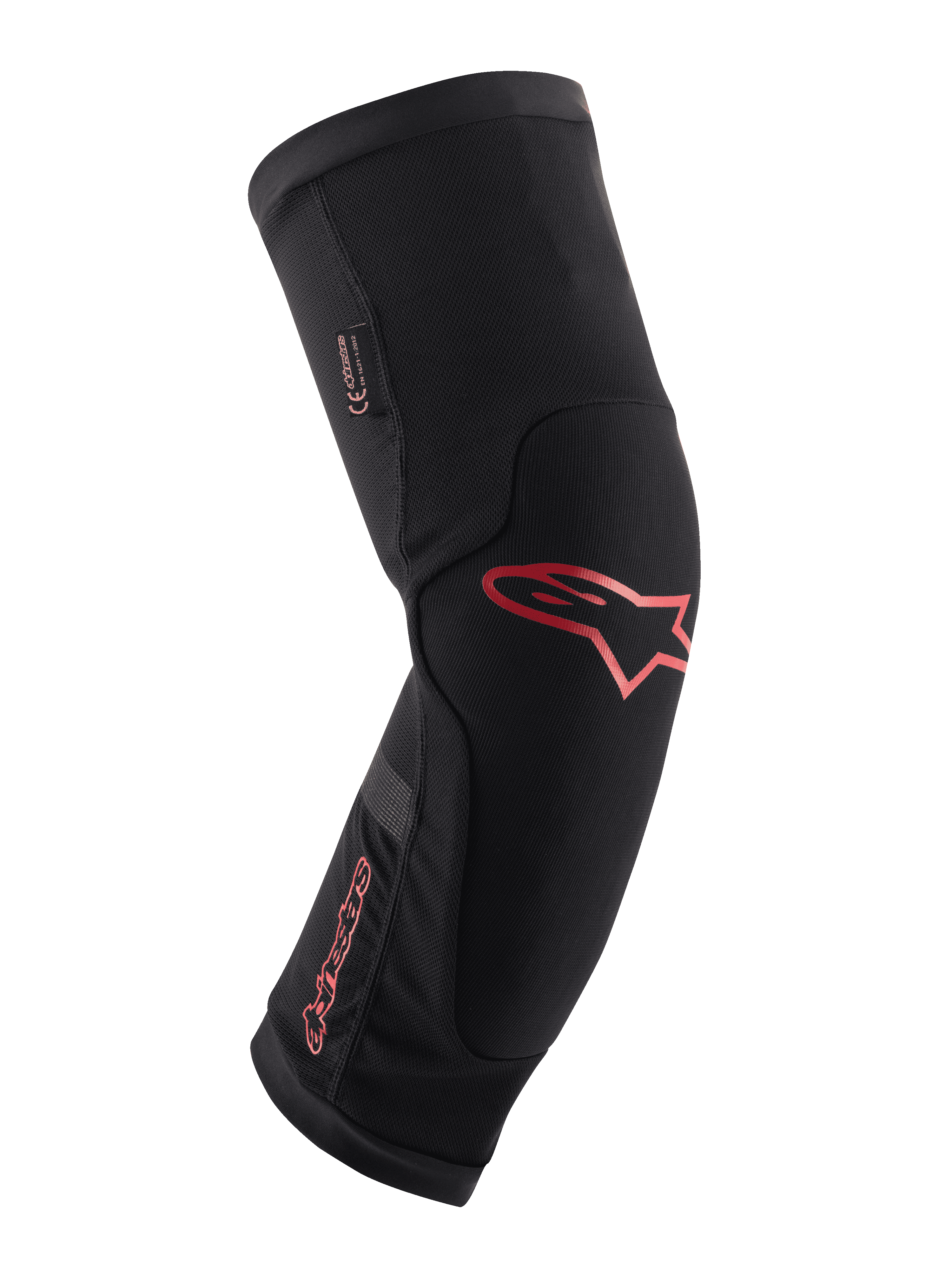 Alpinestars Paragon Plus kniebeschermer, zwart met rood Alpinestars-logo en woordmerk, ergonomisch instapontwerp, ademende mesh-stof met versterkte panelen, mountainbike beschermende uitrusting