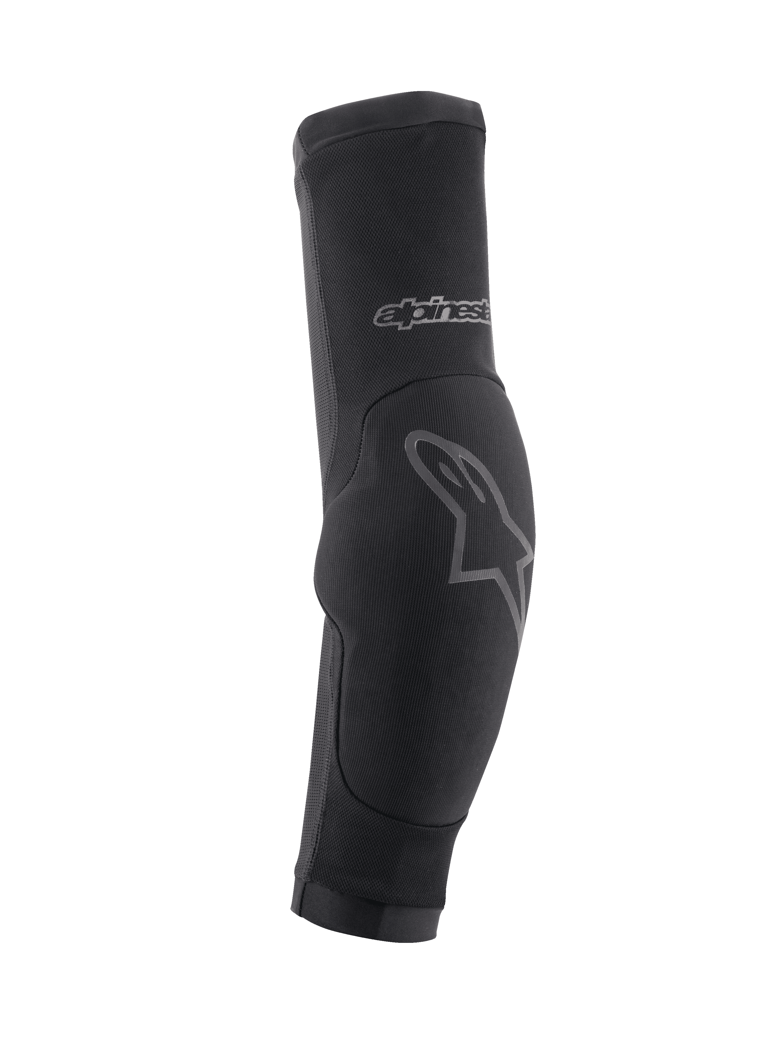 Alpinestars Paragon Plus Elbow Protectors, MTB Elbow Guards, Black with grey logo accents, slip-on sleeve design featuring a padded elbow section and breathable mesh material, protective gear for off-road cycling