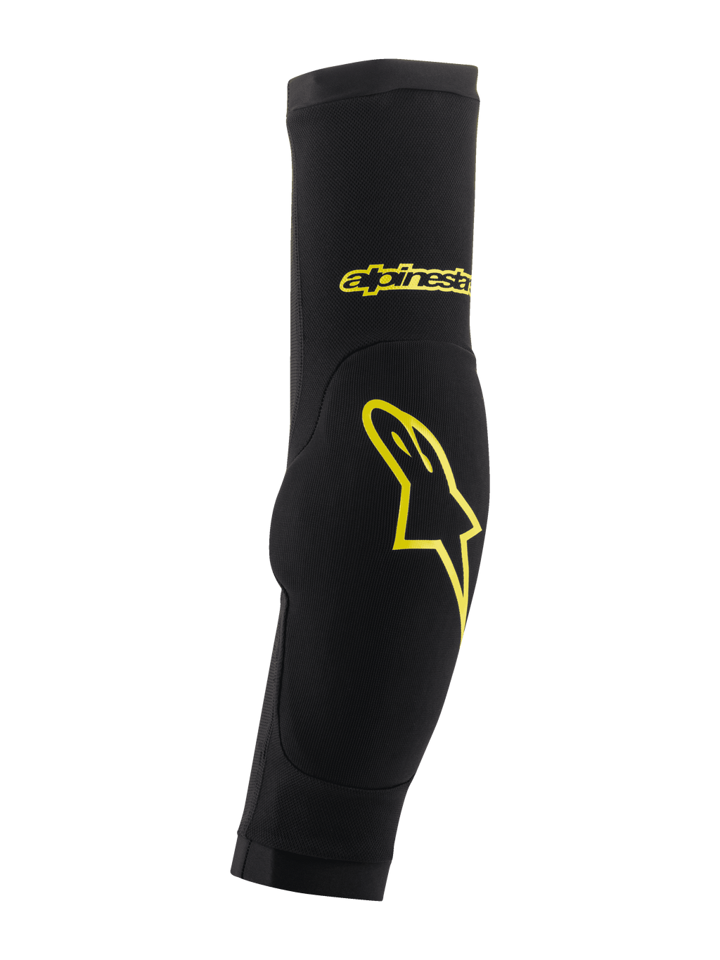 Alpinestars Paragon Plus Ellbogenprotektoren, Schwarz und Acid Yellow, Slip-on-Ärmeldesign mit integrierter Polsterung, mit gelbem Stern-Logo und Markenschriftzug, atmungsaktives Mesh für MTB-Schutz