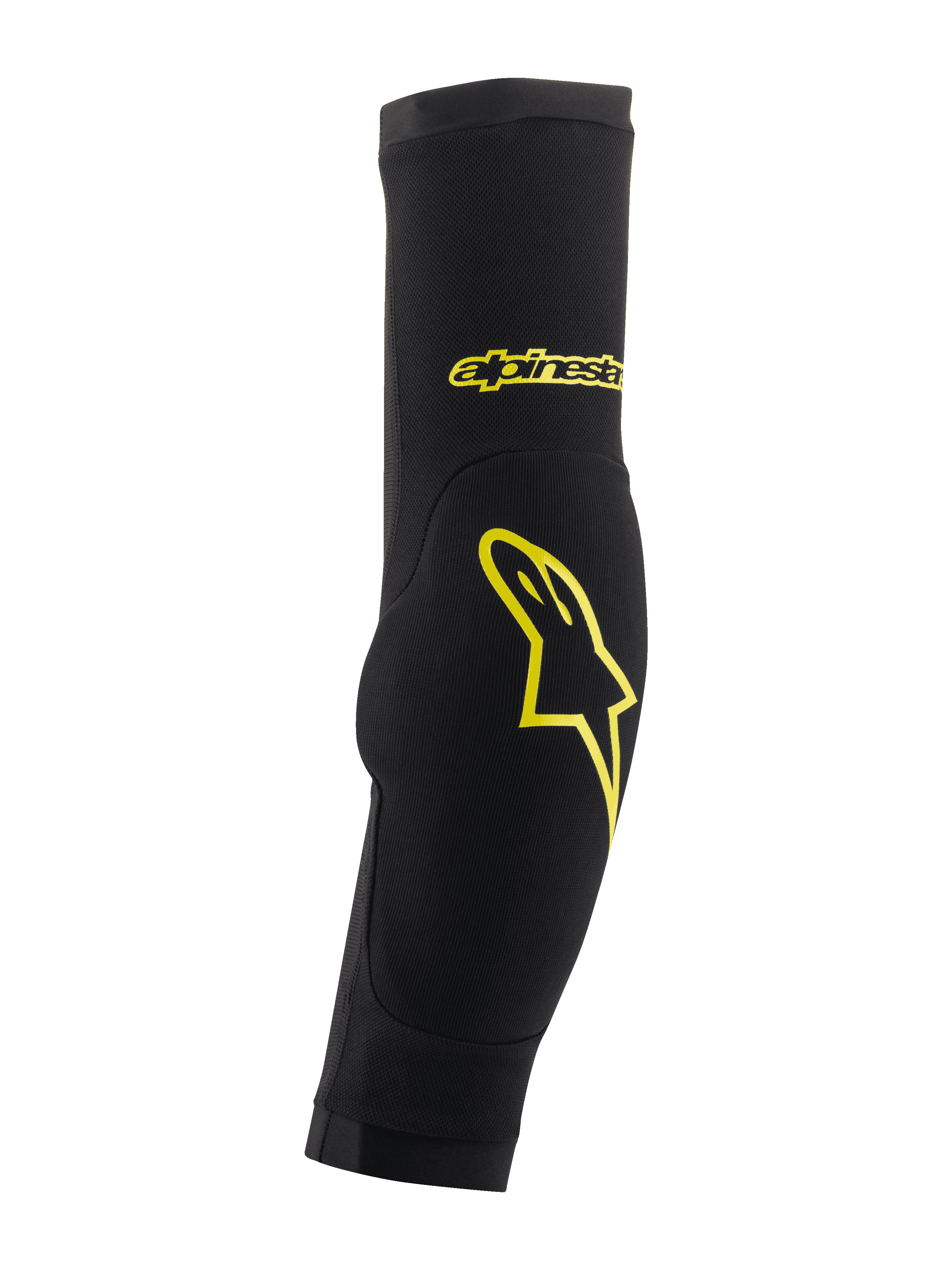 Alpinestars Paragon Plus elleboogbeschermers, zwart en acid yellow, slip-on mouwontwerp met geïntegreerde padding, voorzien van geel sterlogo en merknaam, ademend mesh voor MTB-bescherming