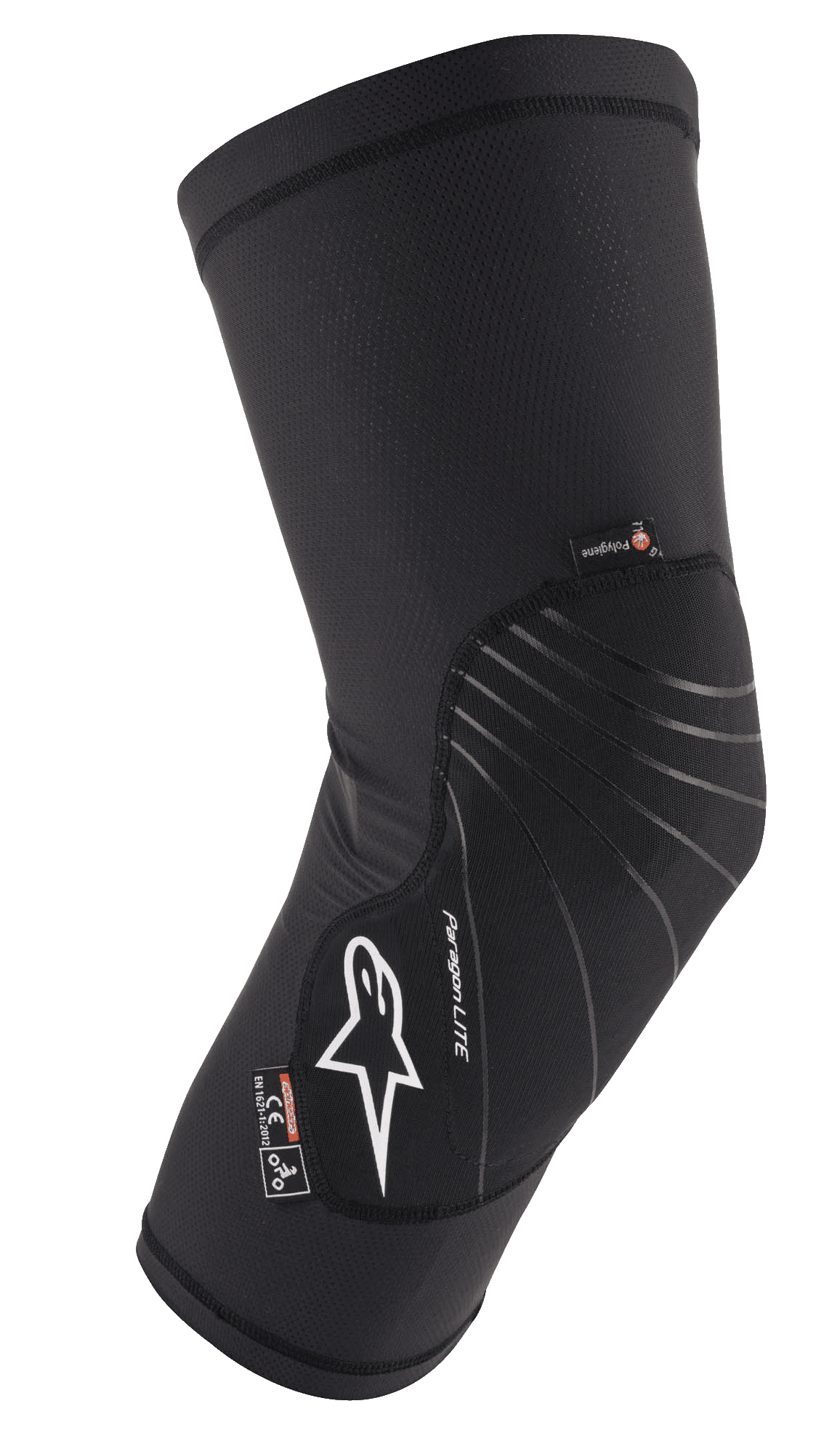Alpinestars Paragon Lite Knee Protector, noire, équipement de protection léger avec construction en mesh texturé, logo blanc, lignes de design grises, conception à enfiler, avec étiquettes CE Niveau 1 et Polygiene, conçue pour le VTT et le cyclisme tout-terrain