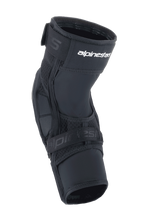 Genouillères Alpinestars A-Impact Plasma Elite Shield, équipement de protection VTT, noir avec logo blanc, design ergonomique pré-courbé, fermeture à double sangle et panneaux en maille respirante pour le VTT