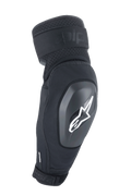 Alpinestars A-Impact Plasma Elite Shield, protections de coude, noires avec logo étoile blanc, coque rigide en TPU, doubles sangles réglables, ventilation en mesh, design ergonomique pré-courbé, équipement de protection VTT