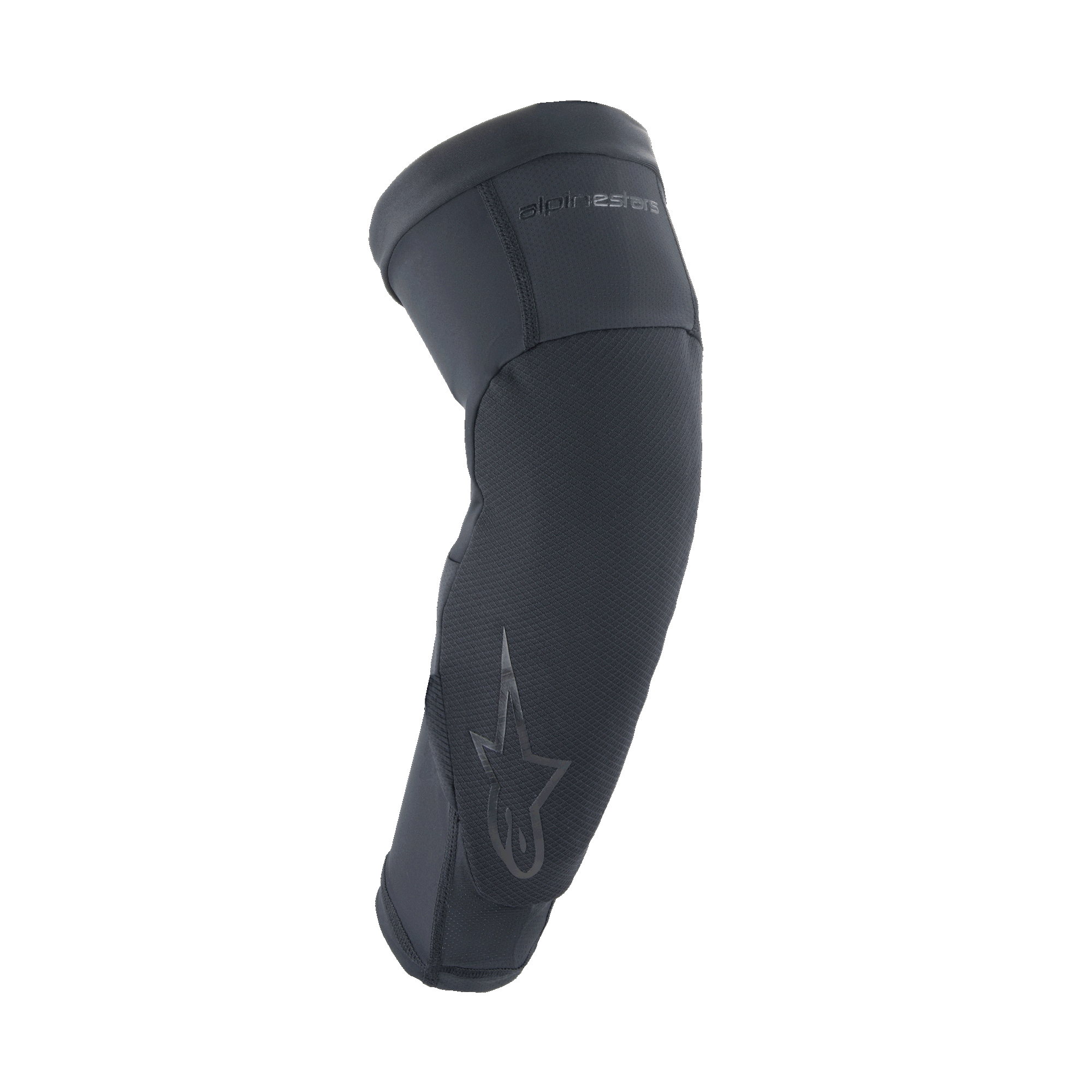 Alpinestars A-Motion Plasma Pro Elbow Protector, Black, ergonomic slip-on sleeve with textured impact-resistant panel, pre-curved shape for riding comfort, subtle Astar logo and branding, breathable stretch mesh construction for MTB and off-road cycling
