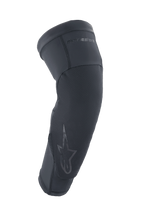 Alpinestars A-Motion Plasma Pro Elbow Protector, Black, ergonomic slip-on sleeve with textured impact-resistant panel, pre-curved shape for riding comfort, subtle Astar logo and branding, breathable stretch mesh construction for MTB and off-road cycling