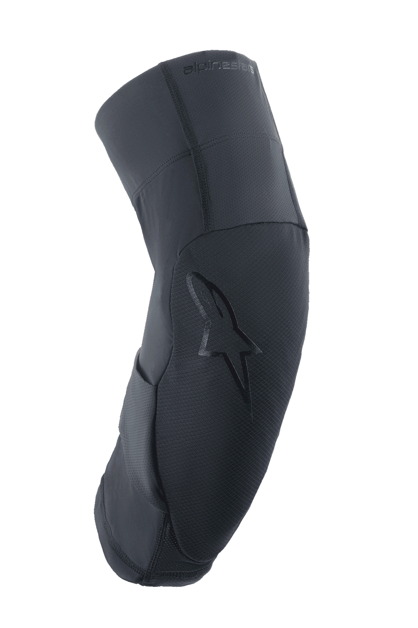 Alpinestars A-Motion Plasma Pro, genouillère de protection noire, profil latéral montrant un design ergonomique incurvé, panneau avant texturé avec logo étoile ton sur ton, tissus en maille extensible respirante et ripstop, protection légère pour le VTT et le trail