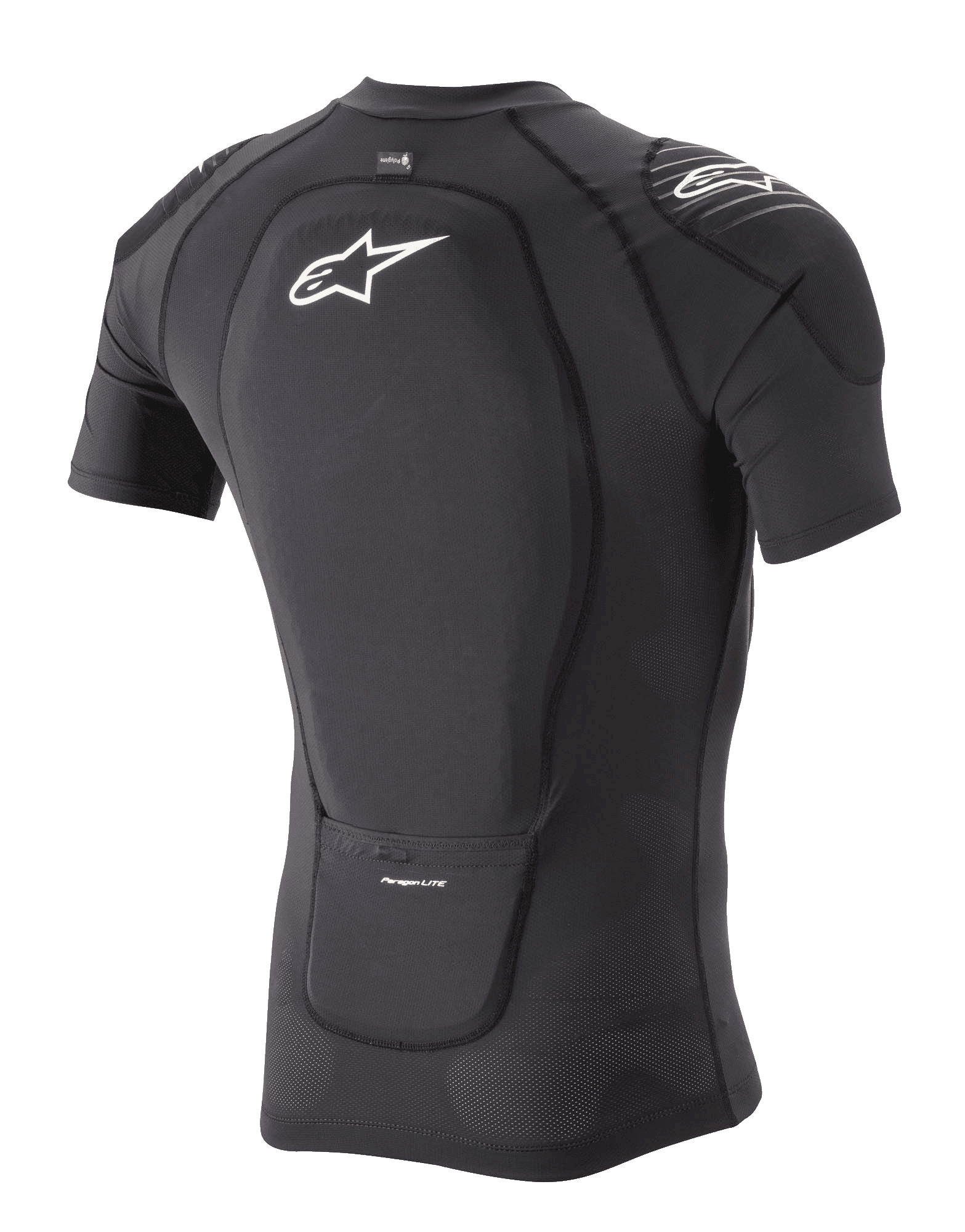 Veste de protection Alpinestars Paragon Lite à manches courtes, noire, vue de trois-quarts arrière montrant la protection dorsale intégrée et la construction en maille extensible respirante, avec logo Alpinestars blanc sur le dos et l'épaule, équipement de protection léger pour VTT