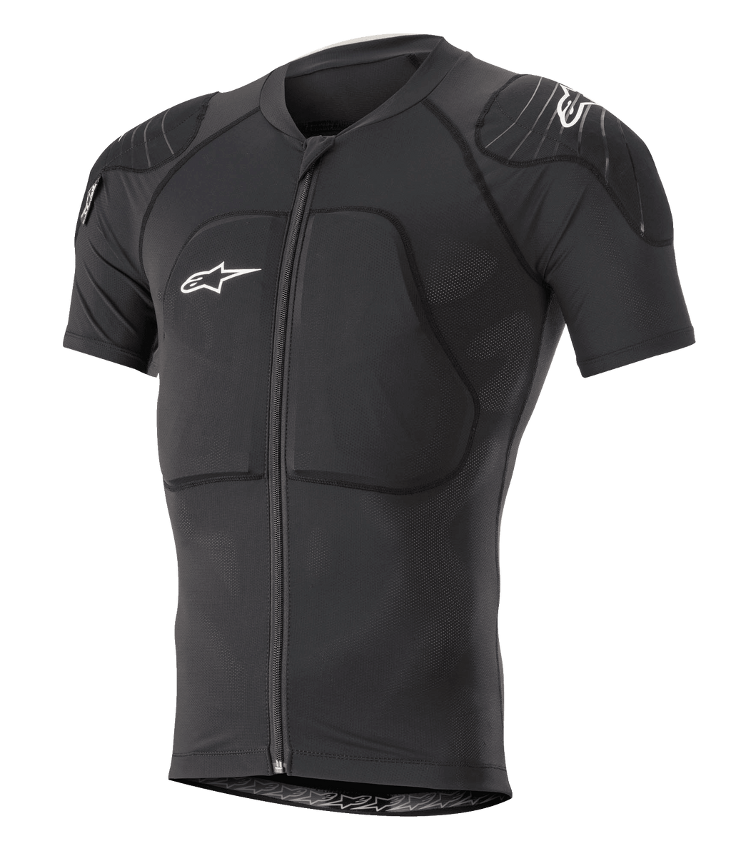 Alpinestars Paragon Lite Protection Jacket Short Sleeve, noire, gilet de protection VTT avec rembourrages intégrés aux épaules et à la poitrine, fermeture éclair frontale, tissu en maille respirante, logos Alpinestars blancs, coupe ajustée pour le trail
