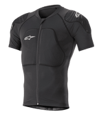 Alpinestars Paragon Lite Protection Jacket Short Sleeve, noire, gilet de protection VTT avec rembourrages intégrés aux épaules et à la poitrine, fermeture éclair frontale, tissu en maille respirante, logos Alpinestars blancs, coupe ajustée pour le trail
