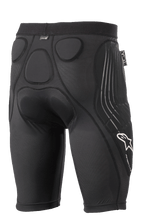 Short de protection Alpinestars Paragon Lite, noir, vue arrière avec rembourrage en mousse à mémoire de forme intégré pour la protection des hanches et du coccyx, conception en mesh respirant, logo Alpinestars blanc et marquage Paragon Lite sur la jambe, équipement de protection léger pour le cyclisme