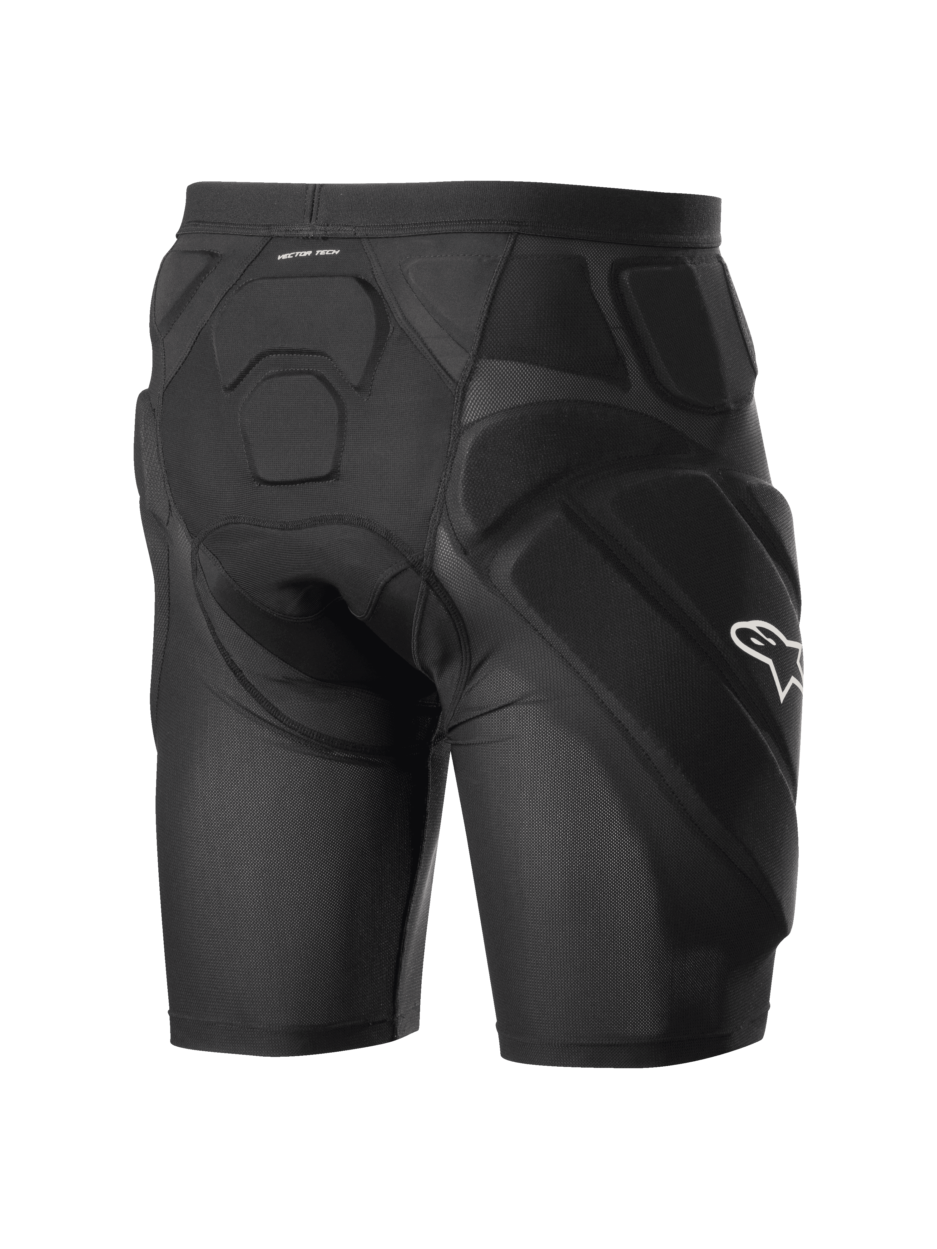 Alpinestars Vector Tech Shorts, short de protection cycliste noir, doté d'un rembourrage intégré en mousse à mémoire de forme EVA sur les hanches et le dos, construction en maille extensible respirante avec un logo Alpinestars blanc sur le côté.