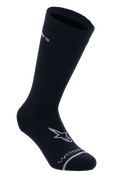 Alpinestars A-Dura Waterproof Socks, chaussettes de cyclisme mi-mollet, noires, texture côtelée sur le revers, logo A-star blanc sur le pied, inscription Waterproof sur la pointe, couche de base technique VTT