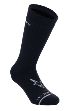 Alpinestars A-Dura Waterproof Socks, Wasserdichte Fahrradsocken, Schwarz, Wadenlang, Gerippte Struktur am Bündchen, Weißes A-Star Logo auf dem Fuß, „Waterproof“-Schriftzug an der Zehenpartie, Technische MTB-Basisschicht, Unisex