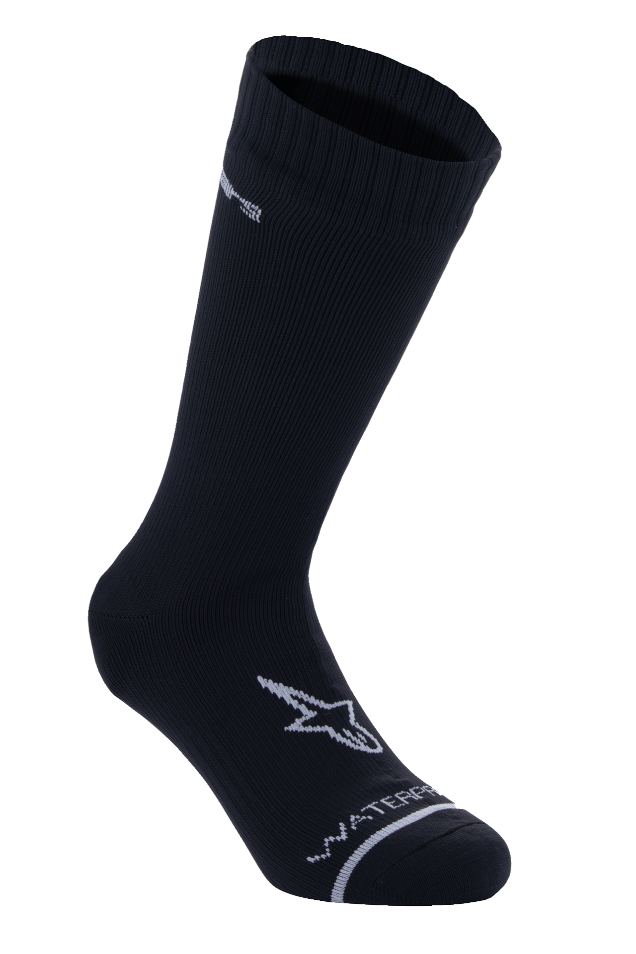 Alpinestars A-Dura Waterproof Socks, chaussettes de cyclisme mi-mollet, noires, texture côtelée sur le revers, logo A-star blanc sur le pied, inscription Waterproof sur la pointe, couche de base technique VTT