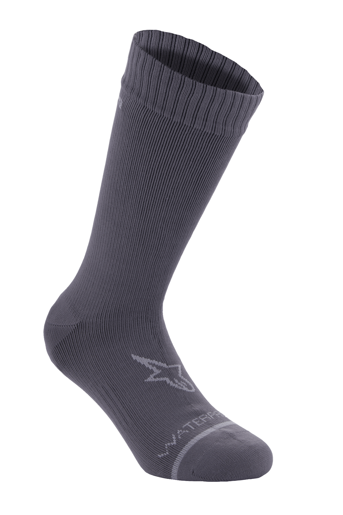 Alpinestars A-Dura waterdichte sokken, Donker Titanium grijs, halflange fietssokken met geribbelde textuur, lichtgrijs Alpinestars ster-logo op de enkel en "WATERPROOF" tekst bij de teen, performance uitrusting voor mountainbiken en off-road rijden