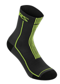 Alpinestars Summer Socks 15, zwart en felgeel, lichtgewicht geribbelde fietssokken, met neongeel ASTARS-logo en verticale strepen op de hiel, ademende mesh-constructie voor mountainbiken in warm weer